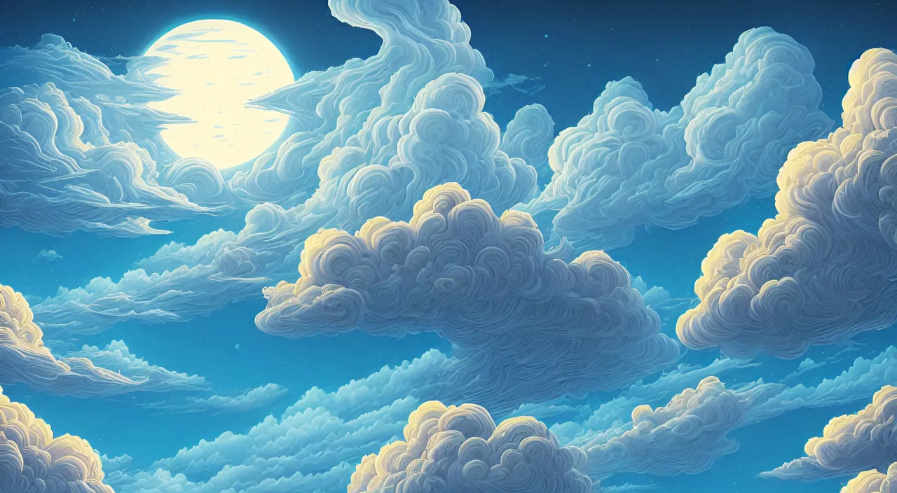 a painting of flying clouds and a full moon