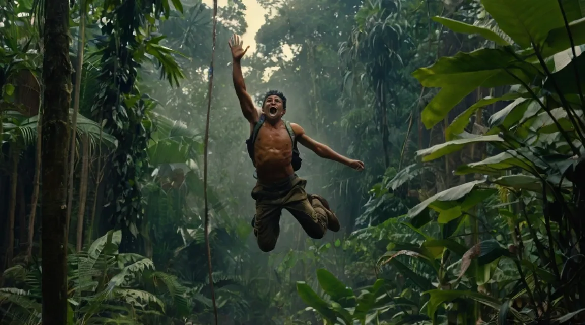 a man is suspended in the air in the jungle