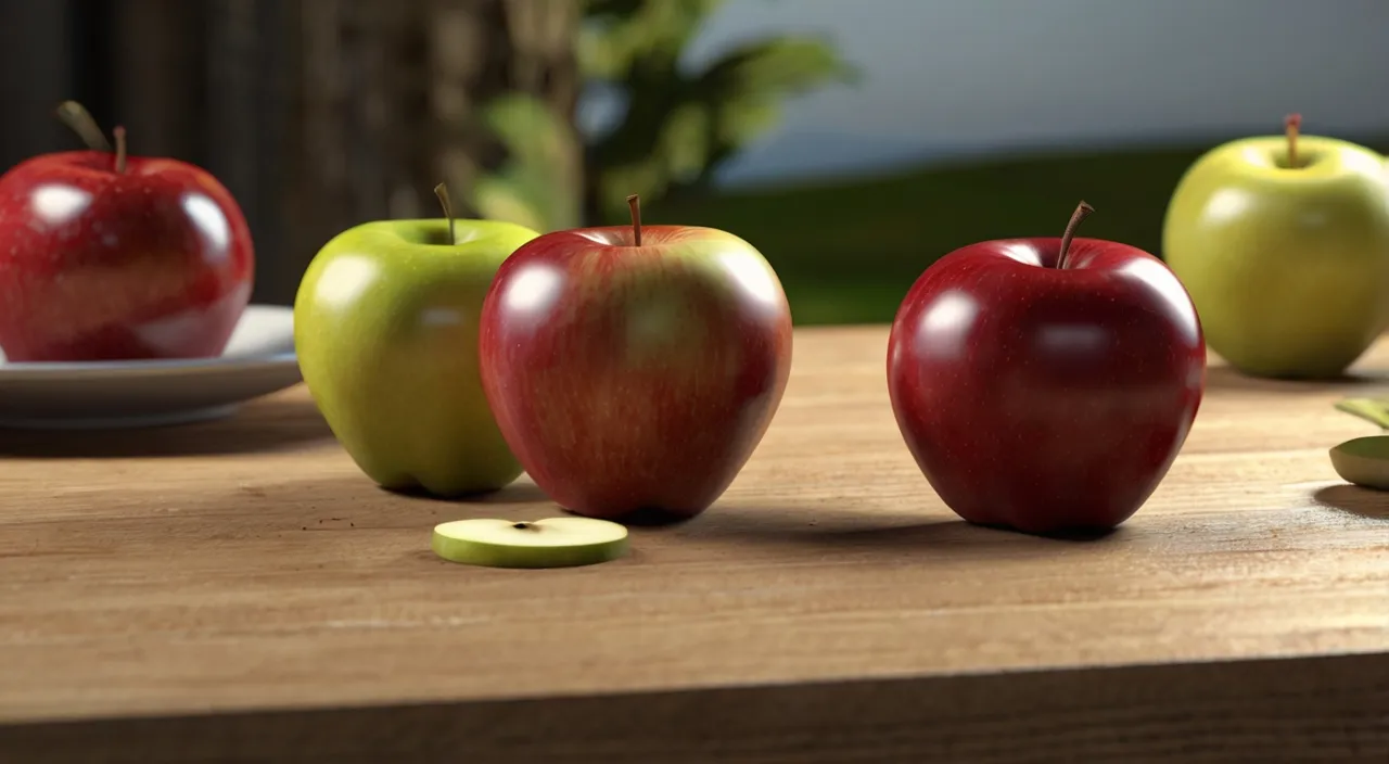 a group of apples sitting on top of a wooden table