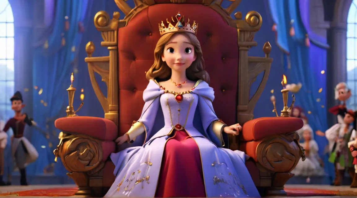 Princess Isabella being enthroned as the rightful heir, a moment of celebration and restoration in the kingdom. Princess Isabella, with regal grace, being enthroned as the rightful heir, the kingdom celebrating the return of justice and rightful rule.e