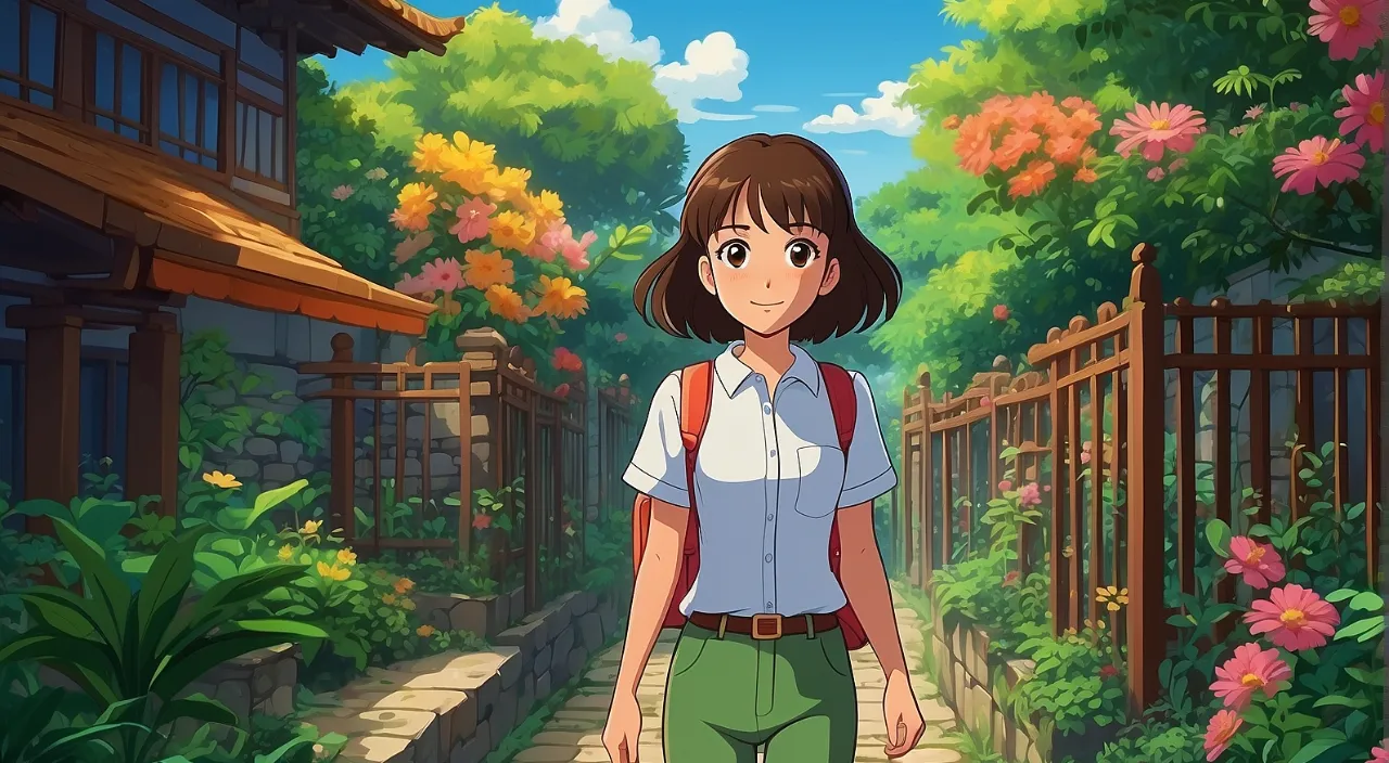 a young woman walking through the garden, her posture relaxed and her expression peaceful, as she takes in the sights and sounds of nature around her.