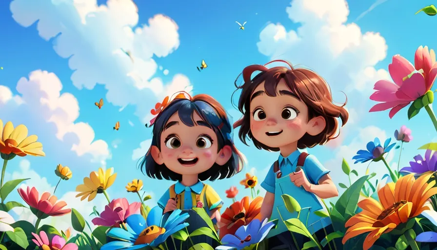 a couple of kids standing next to each other in a field of flowers