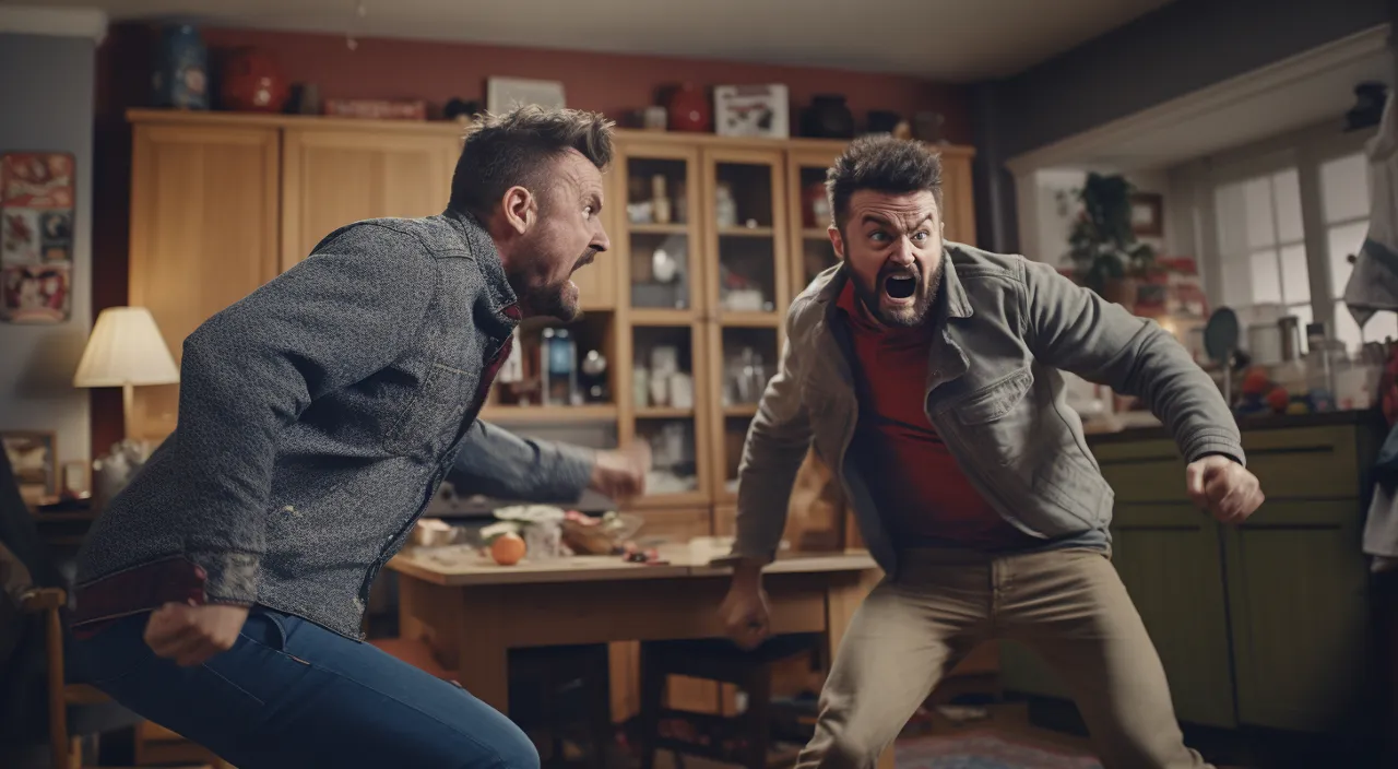 two men in a living room playing with a wii mote