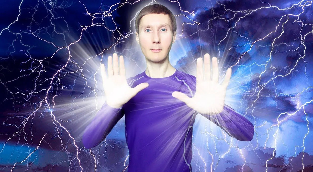 a man in a purple shirt is holding his hands out in front of a lightning