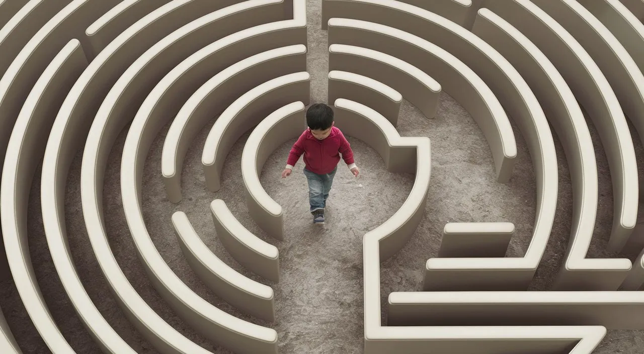 Metaphorical Labyrinth: The child walks through an intricate labyrinth, representing the challenges and difficulties encountered in the world of autism.