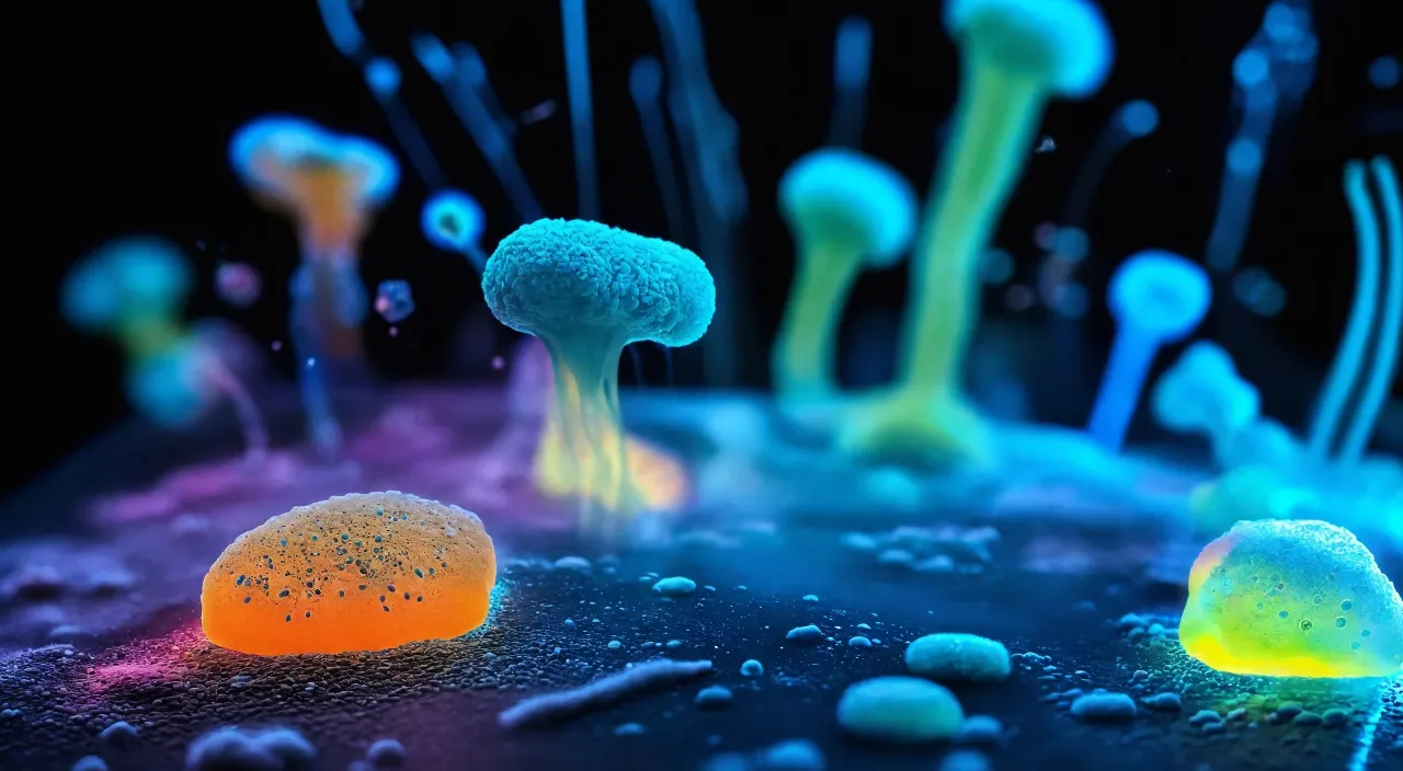 a group of different colored germs and bacteria. Floating in the water, Glowing light and movement mixed together a black surface