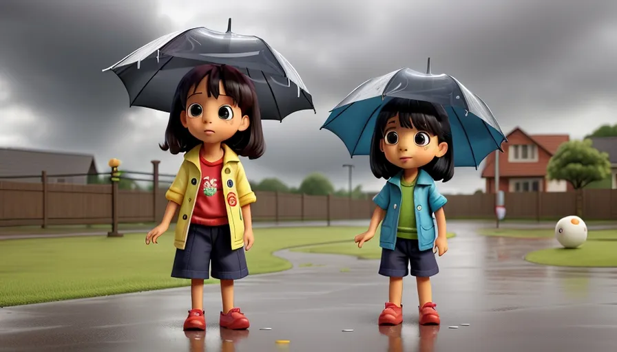 two little girls standing in the rain with umbrellas