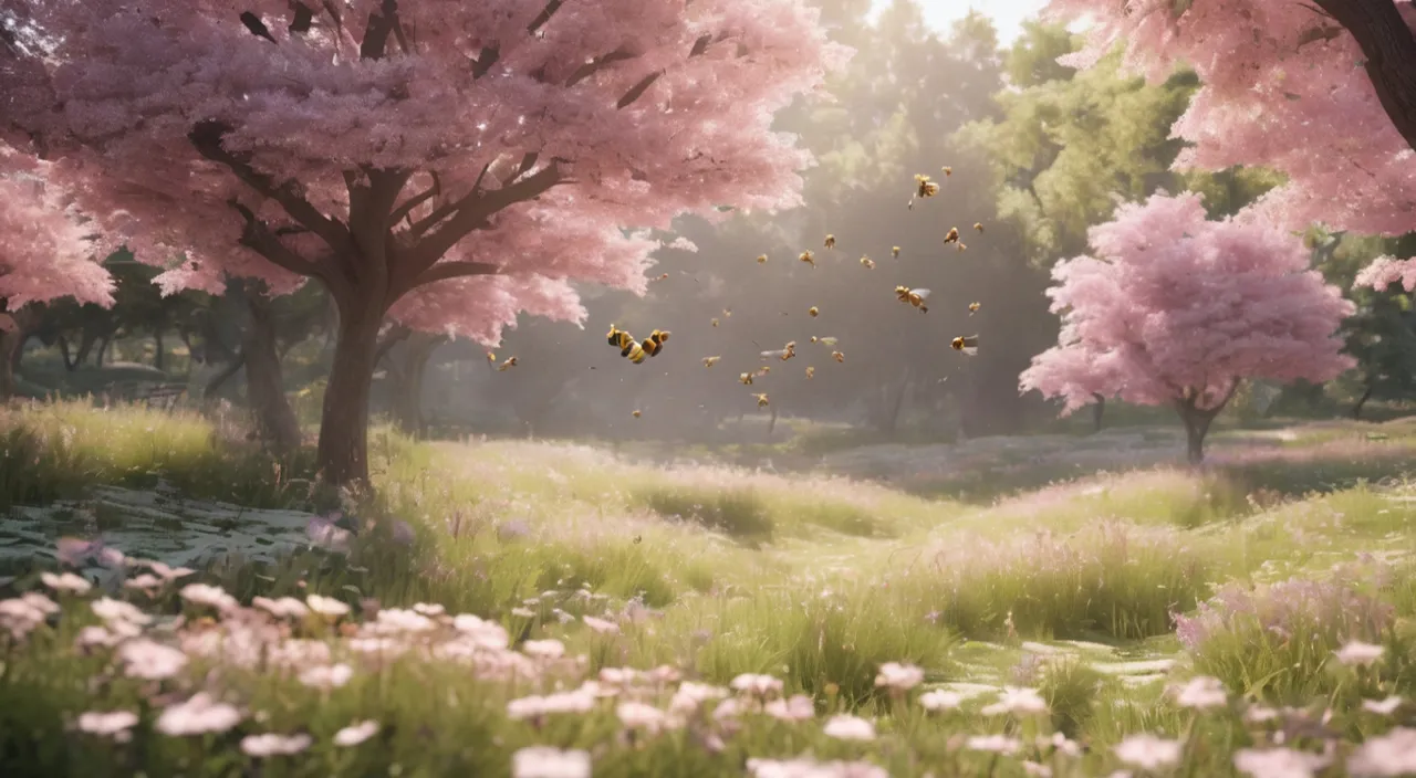 a field with lots of pink flowers and trees