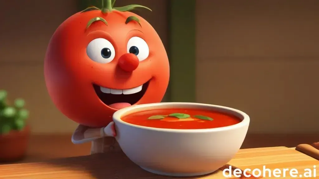 a tomato with a face sitting next to a bowl of tomato soup