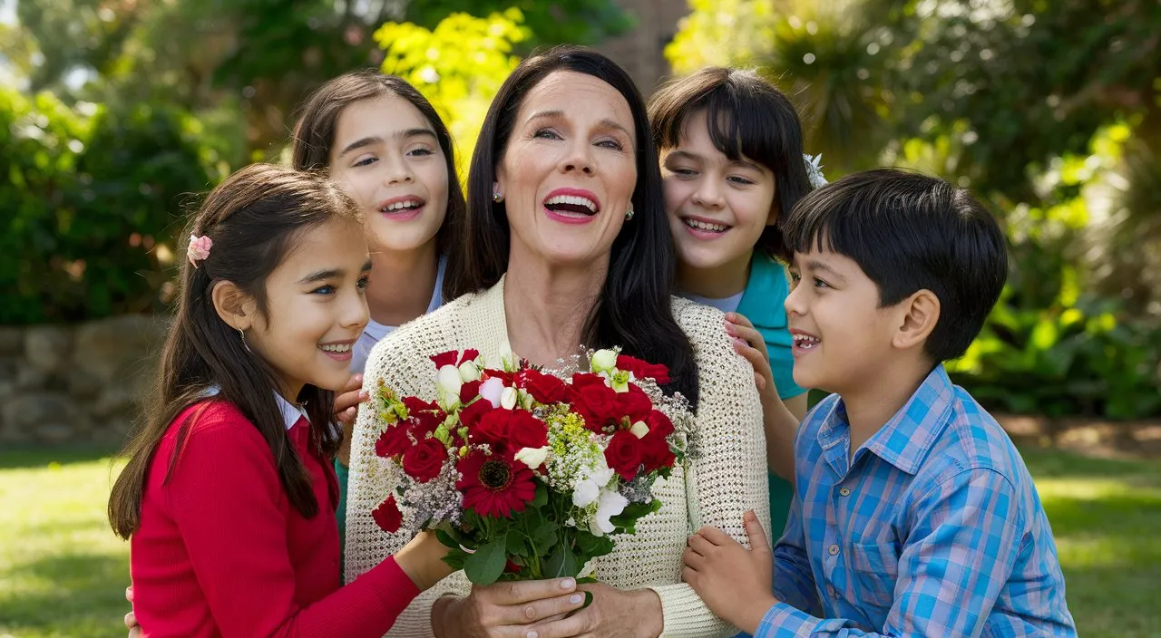 a woman holding a bouquet of flowers surrounded by children