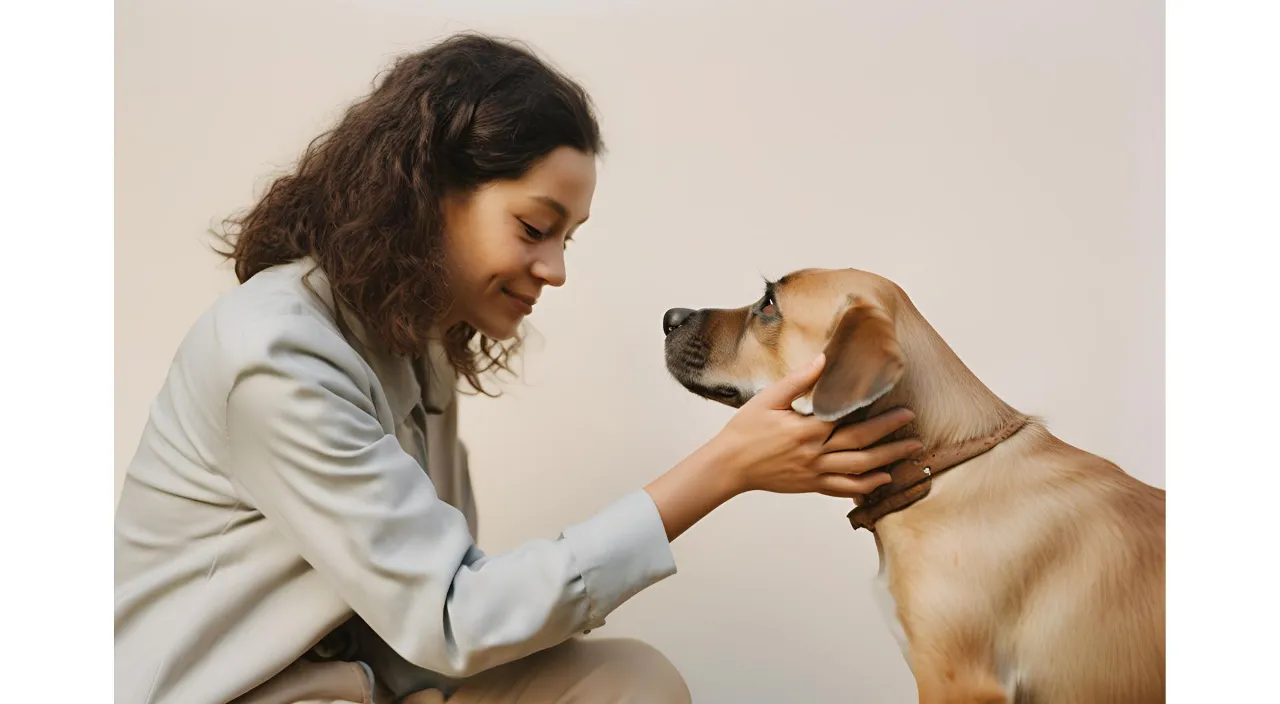 a woman petting a dog on the nose