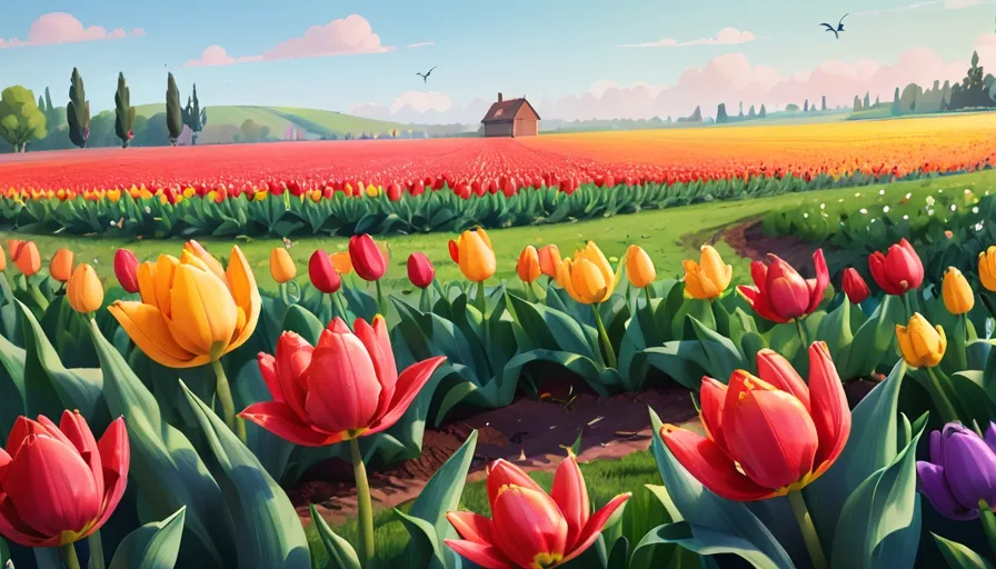 a painting of a field full of tulips