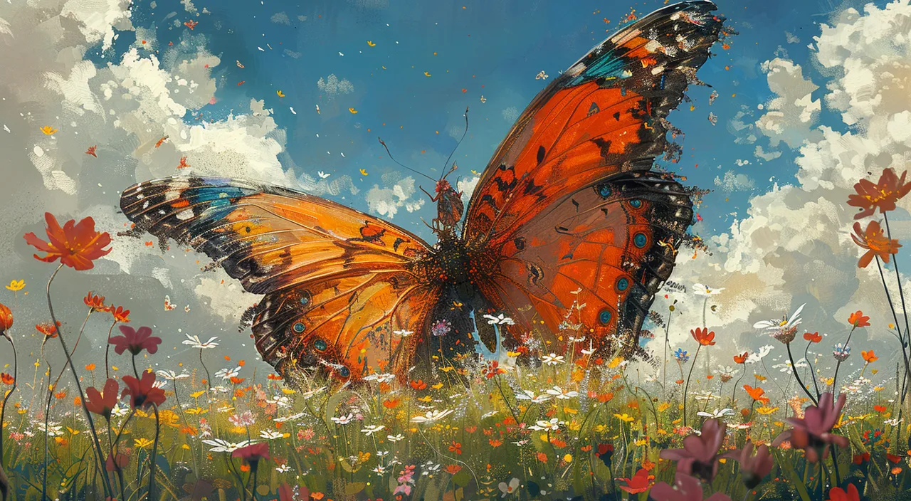 a painting of a butterfly flying over a field of flowers