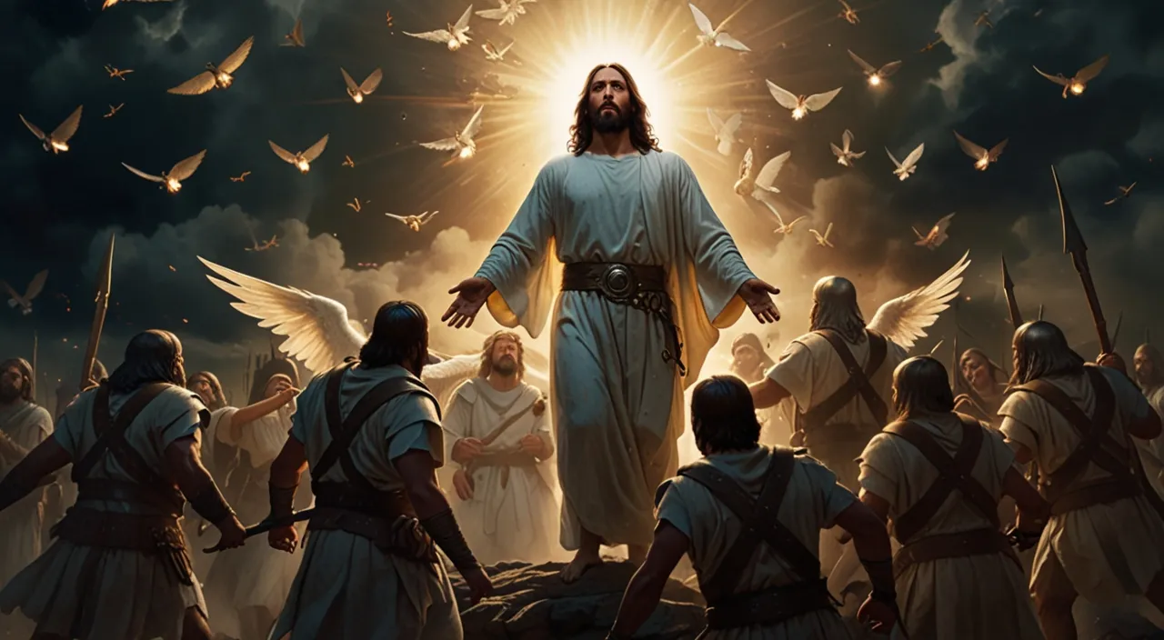 a painting of jesus surrounded by angels