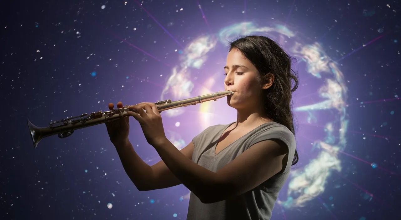 a woman playing a trumpet in front of a galaxy background