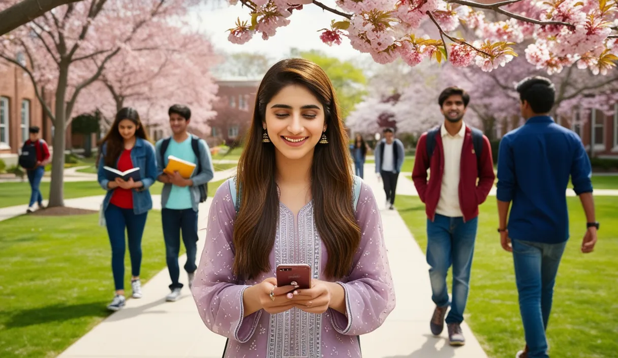 Campus Serenade: On a university campus, a Pakistani girl walking under a blossoming tree, a Bollywood song softly playing from her phone. The 4K wide shot captures students walking by and studying, but her smile and dreamy gaze reveal she is thinking about her boyfriend, who is attending a university in the United States, lost in her own romantic world.