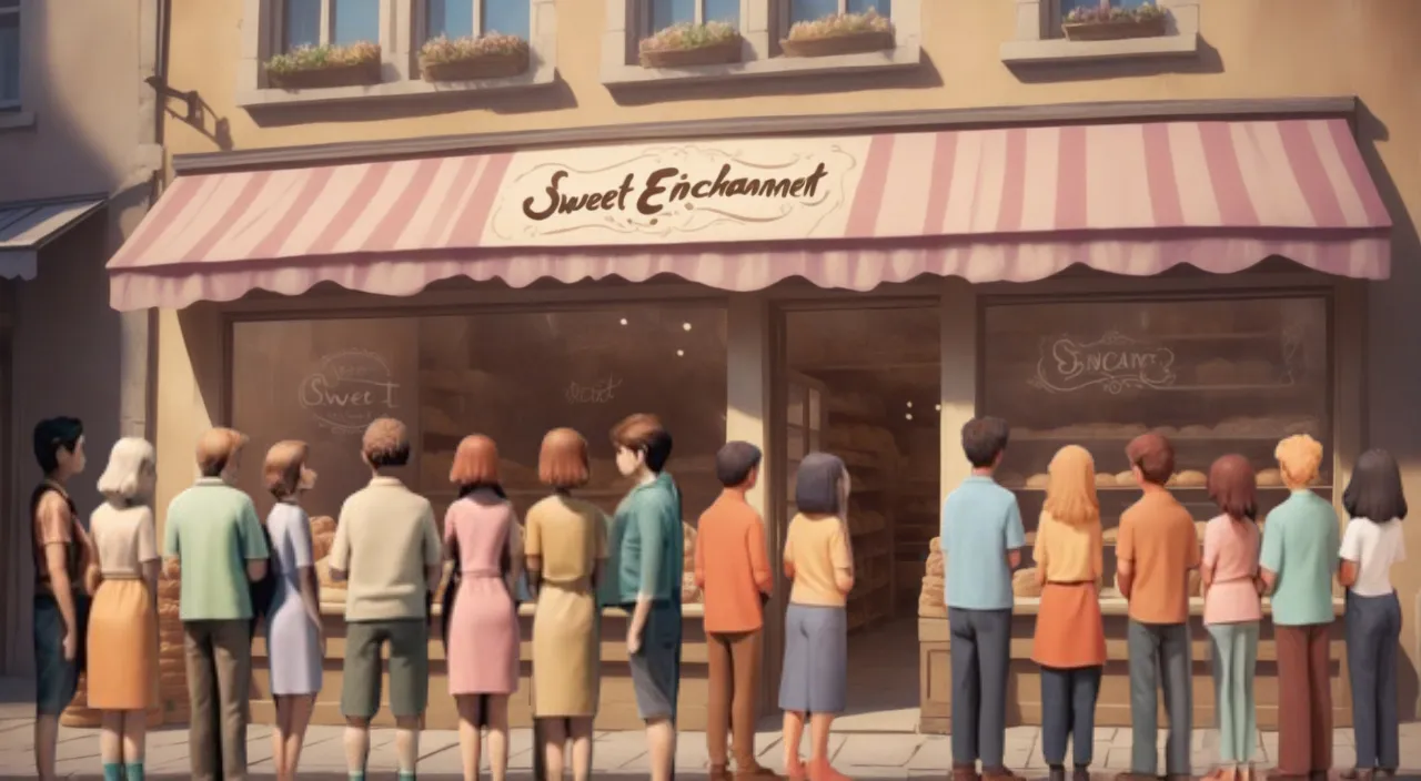 a group of people standing in front of a bakery