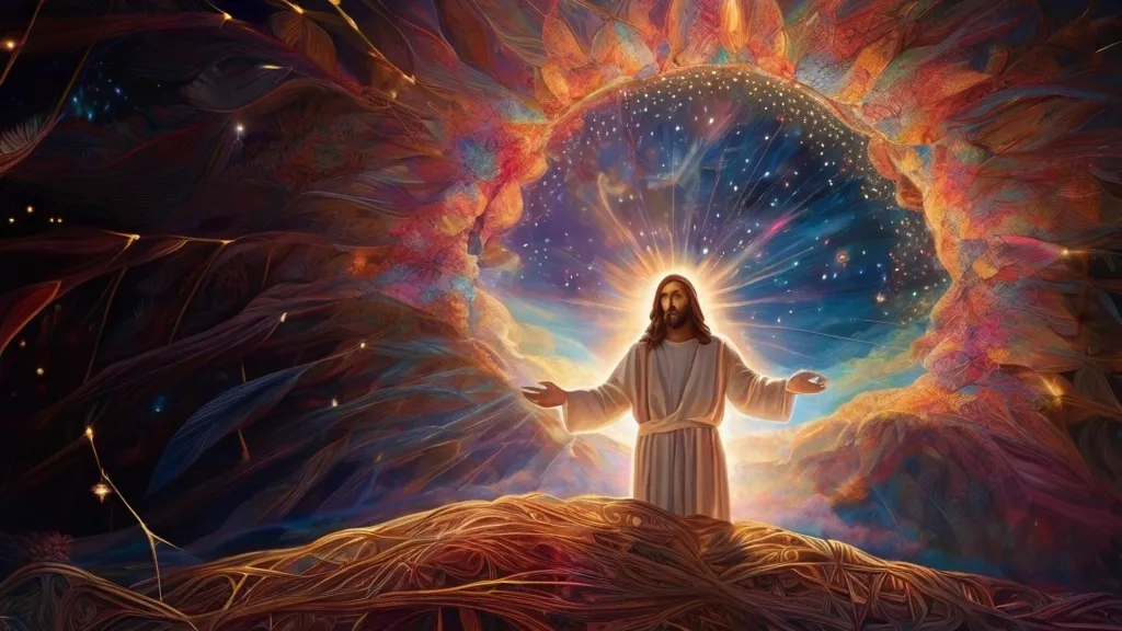 a painting of jesus standing on a hill with his arms outstretched