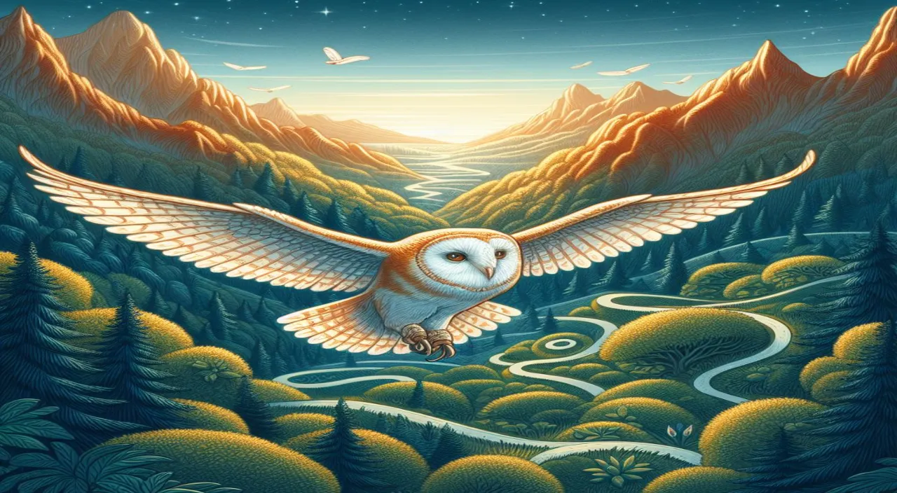 an owl flying over a lush green forest