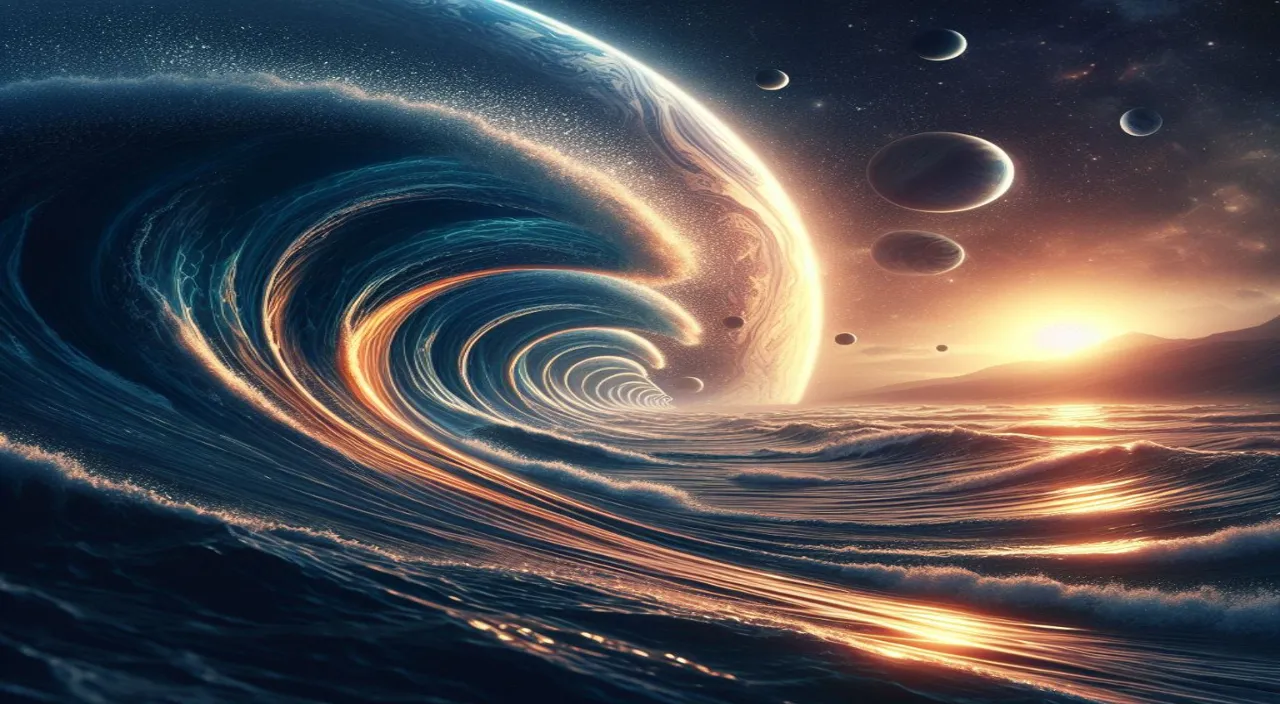 a painting of a wave with planets in the background