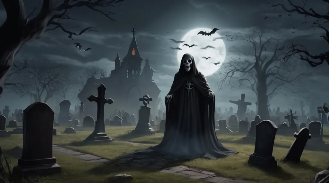 A cemetery at midnight with eerie glowing tombstones, a ghostly figure standing in front.