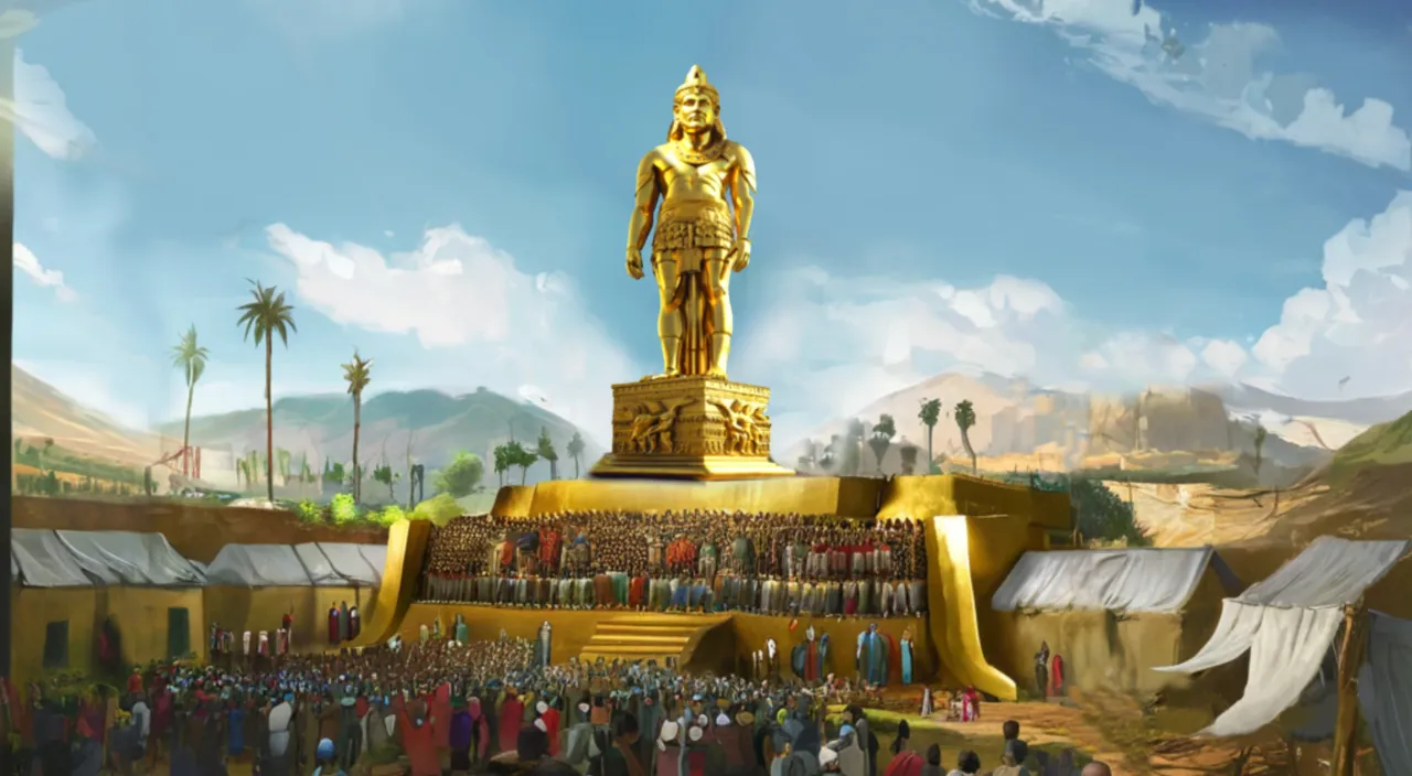 A huge golden idol stands on an elevated place, in front of this idol there are many people dressed in oriental clothes.
  The style is realism. High detail.