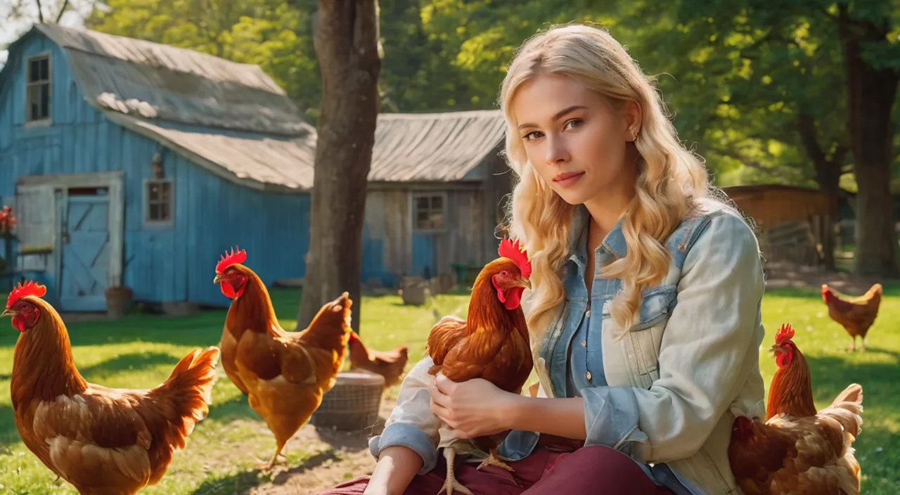 a woman sitting on the ground in front of chickens