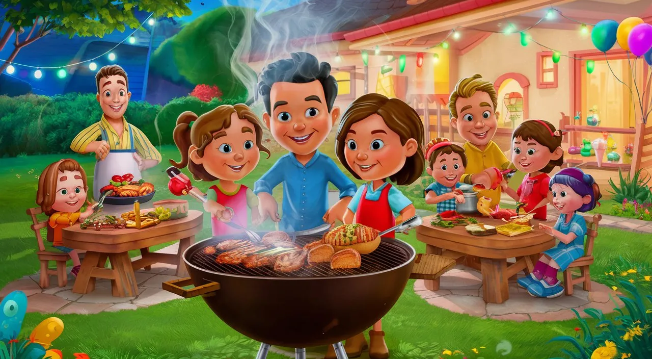 a family is gathered around a bbq grill