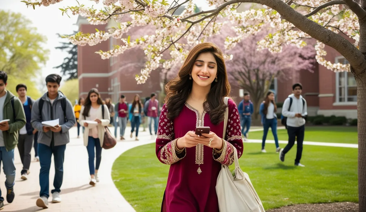 Campus Serenade: On a university campus, a Pakistani girl walking under a blossoming tree, a Bollywood song softly playing from her phone. The 4K wide shot captures students walking by and studying, but her smile and dreamy gaze reveal she is thinking about her boyfriend, who is attending a university in the United States, lost in her own romantic world.