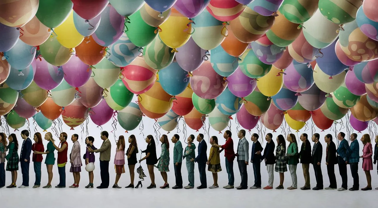 a group of people standing in front of a bunch of balloons