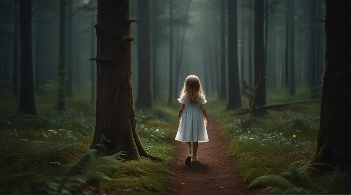 a little girl in a white dress walking through a forest