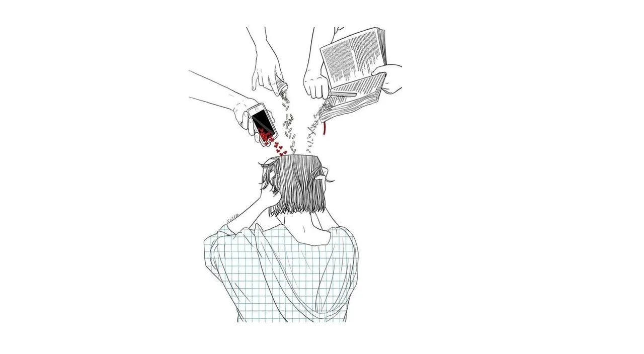 a drawing of a man with a laptop on his head