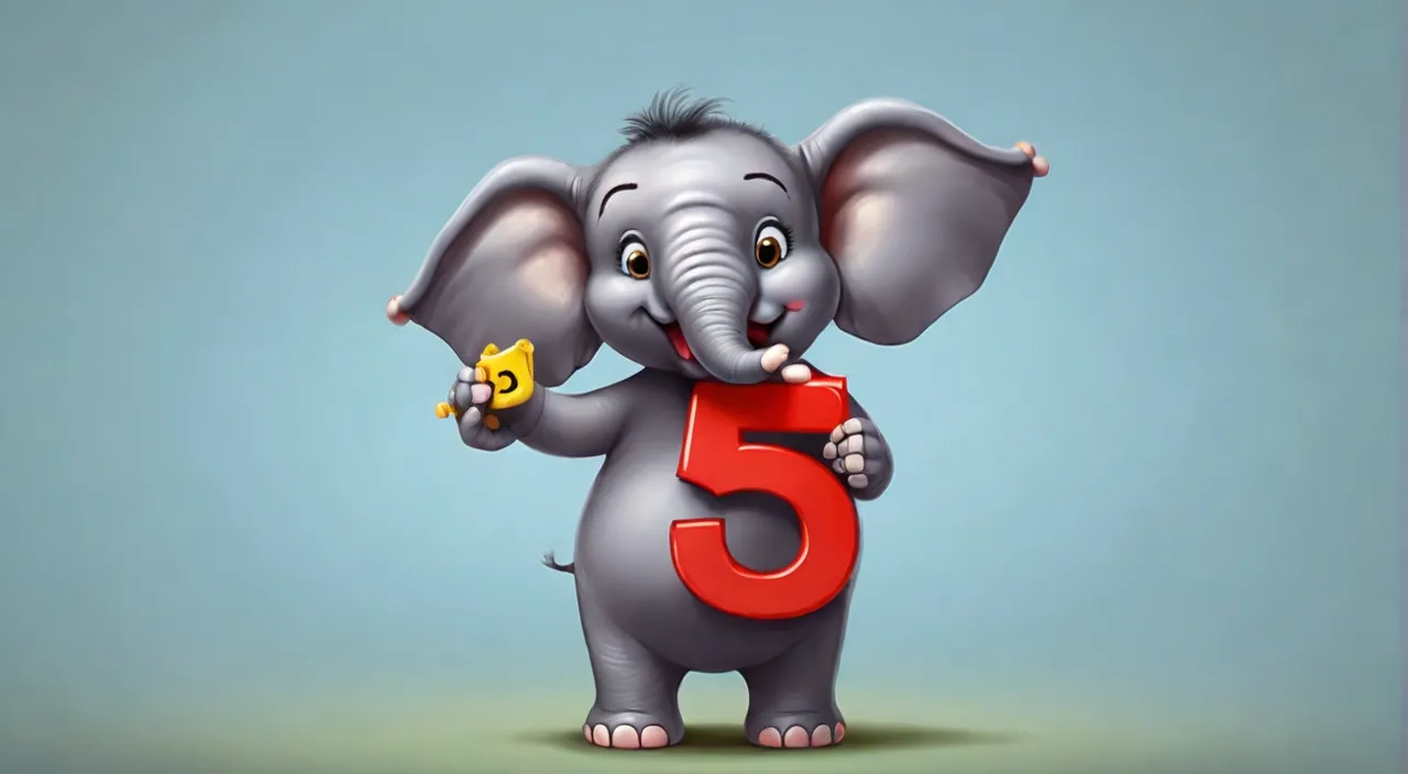 a cartoon elephant holding a number five with its trunk