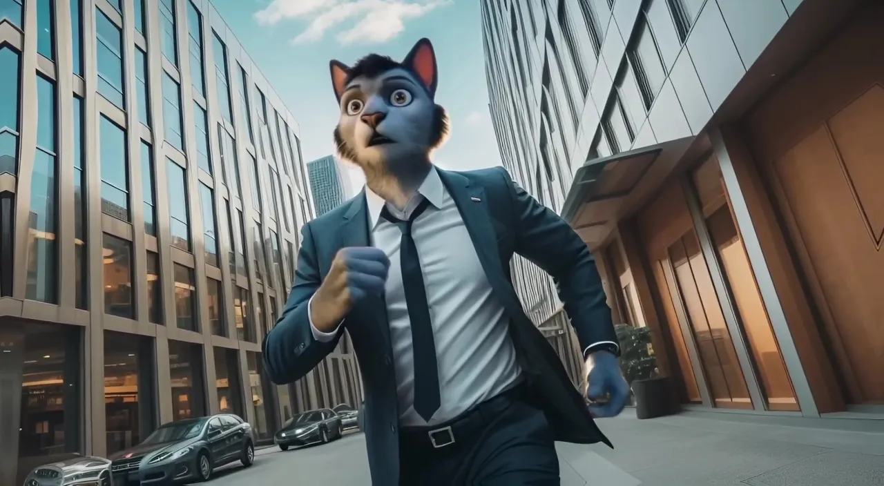 a man in a suit and tie running down a street