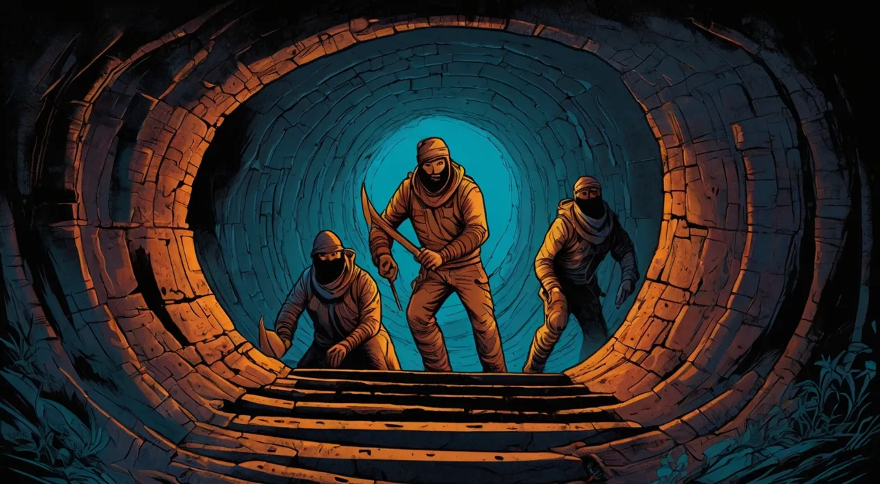 a group of men standing inside of a tunnel