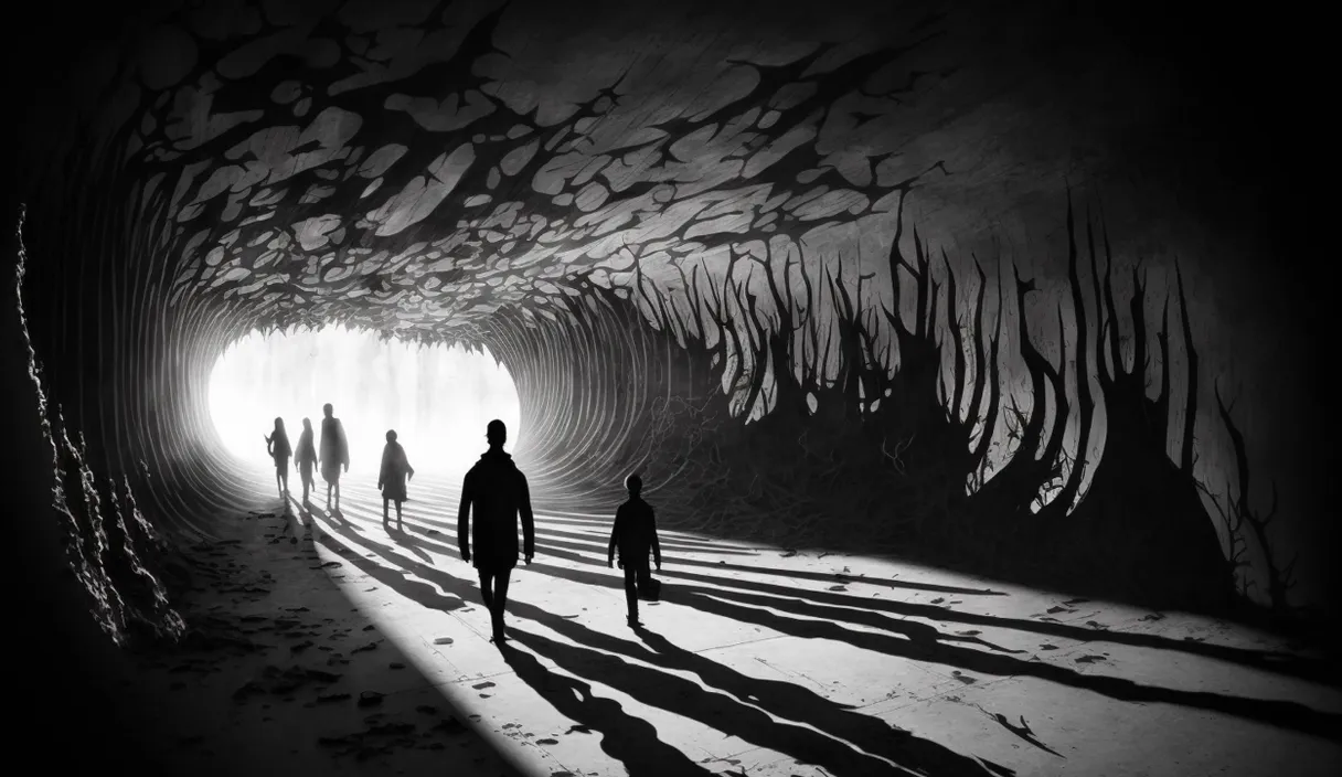 a group of people walking through a surreal dark tunnel, magic bokeh