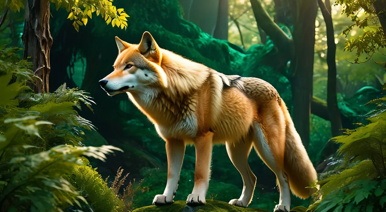 a wolf standing in the middle of a forest, looking for something