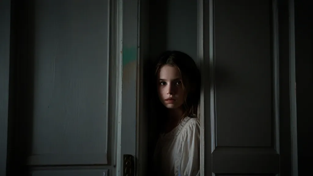 a woman standing behind a door in a dark room