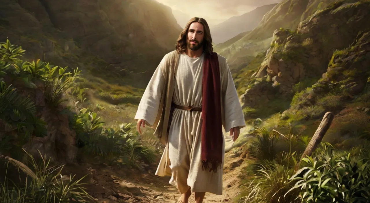 jesus walking down a path in the mountains