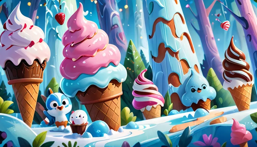 a group of ice cream cones sitting on top of a forest