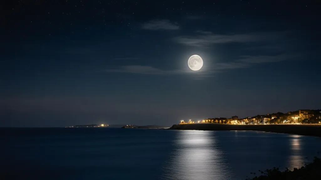 a full moon is seen over the ocean at night