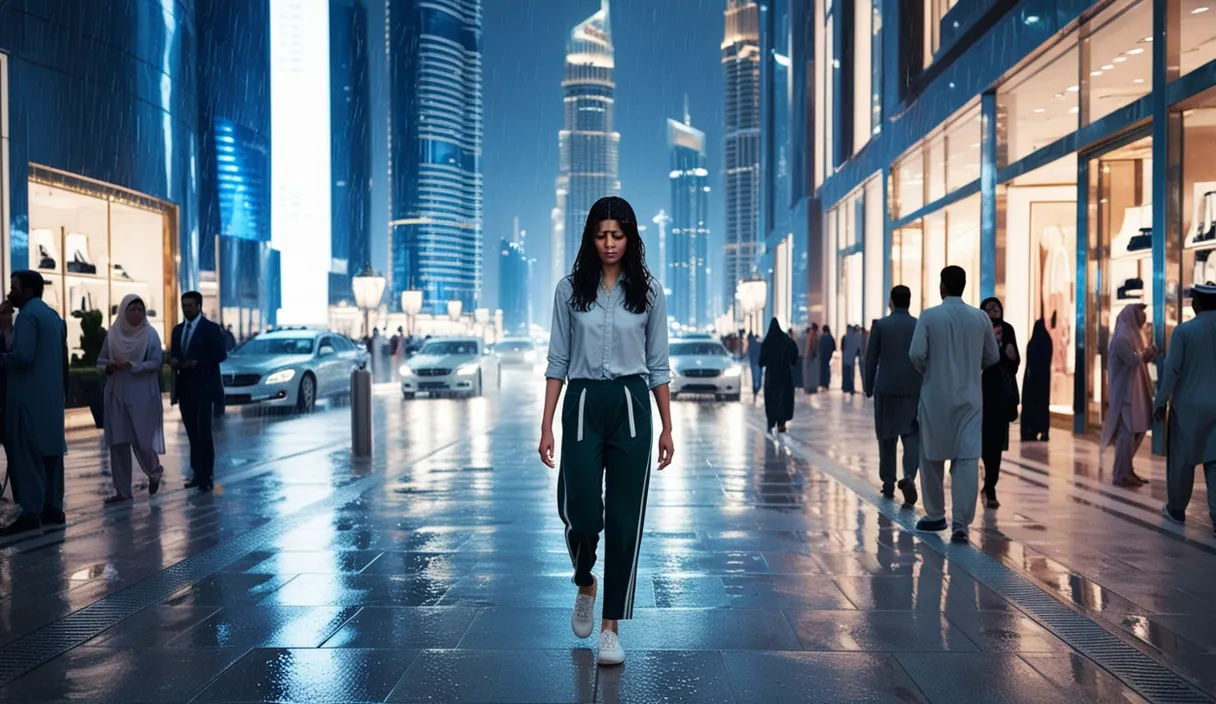 a woman is walking down a city street at night