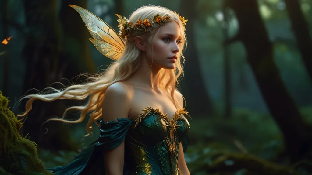 a woman dressed as a fairy standing in a forest