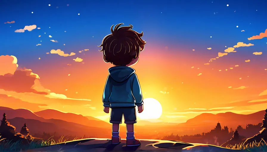 a boy standing on a hill looking at the sunset