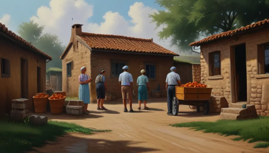 a painting of a group of people standing outside of a building