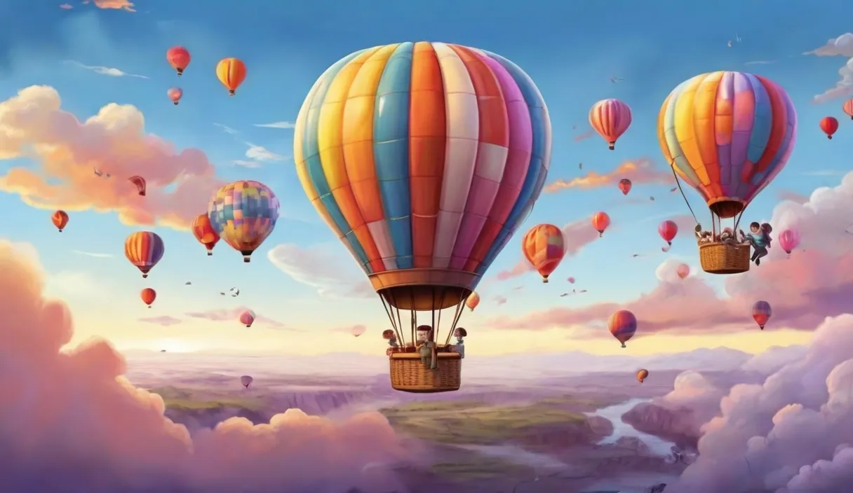 a painting of hot air balloons flying in the sky