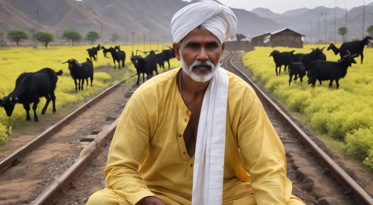 a man sitting on a train track in front of a herd of cows