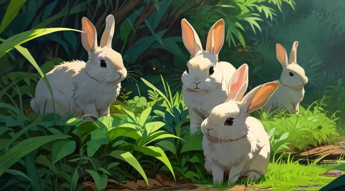 a group of rabbits sitting in the grass