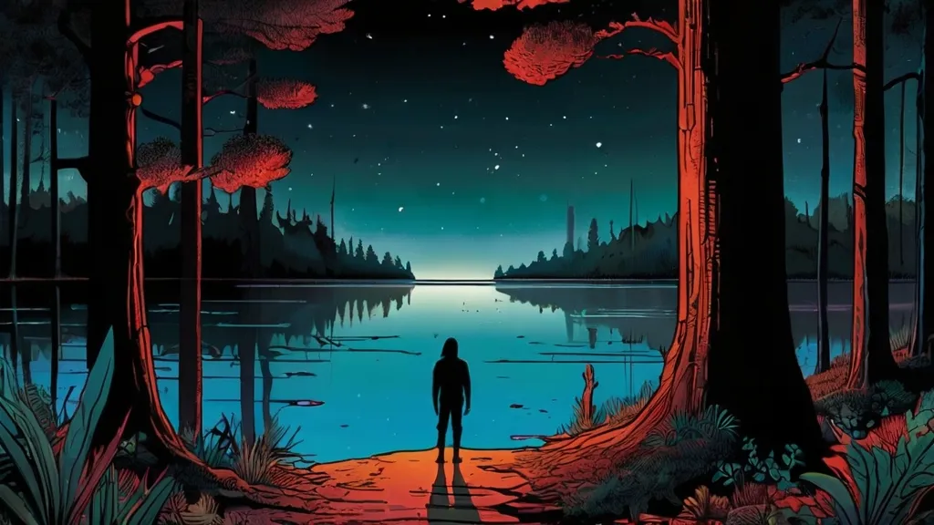 a person standing in front of a lake at night