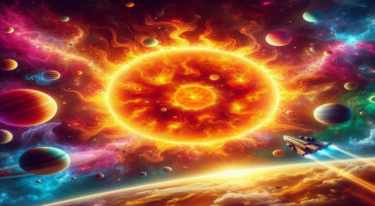 a painting of a space scene with a sun and planets